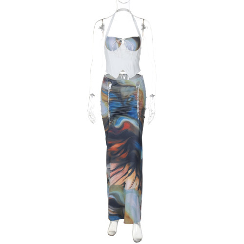 Halo printed pleated top with tied rope skirt set
