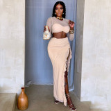 Long sleeved mesh double-layer splicing slit long skirt two-piece set