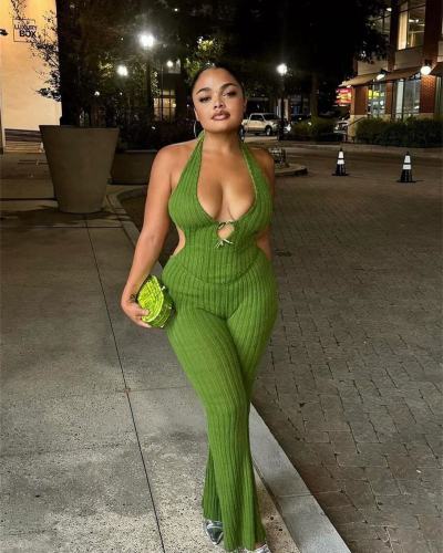 Hanging neck tie, backless jumpsuit, flared jumpsuit