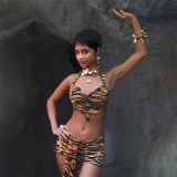 Tiger print hanging neck exposed navel vest, hip hugging short skirt two-piece set