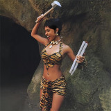 Tiger print hanging neck exposed navel vest, hip hugging short skirt two-piece set