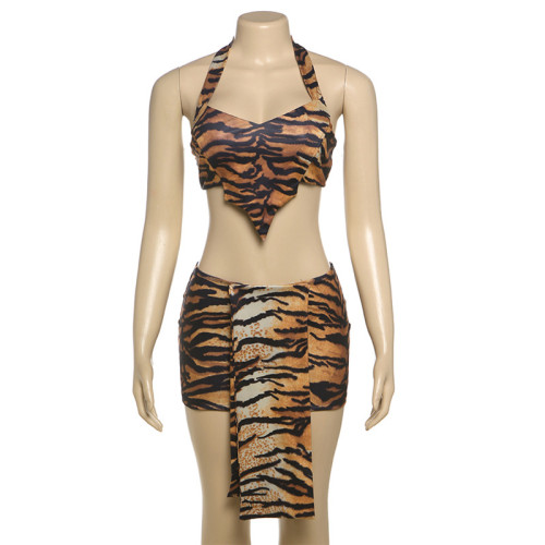 Tiger print hanging neck exposed navel vest, hip hugging short skirt two-piece set
