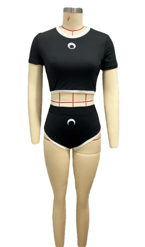 Splicing round neck moon print tight shorts set
