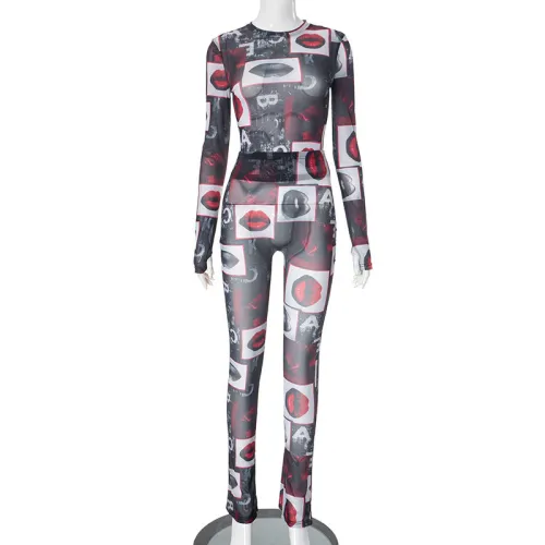 Printed round neck see through mesh long sleeved set