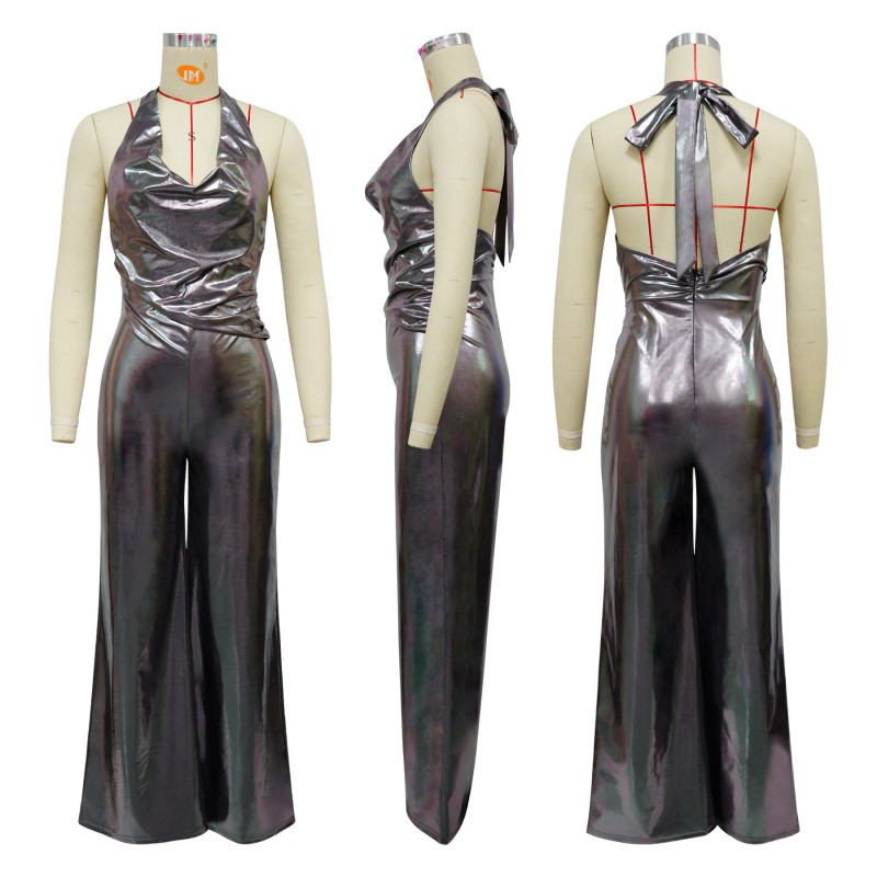 Swing collar hanging neck open back wide leg jumpsuit