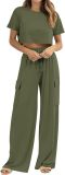 Round neck crop top T-shirt elastic waist workwear pocket pants set