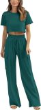 Round neck crop top T-shirt elastic waist workwear pocket pants set