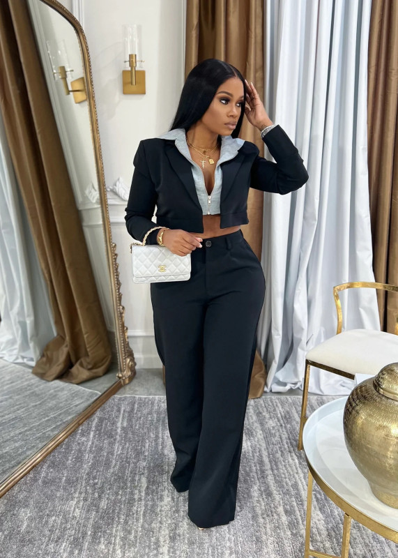 Splicing fake two-piece hooded jacket and two-piece pants set