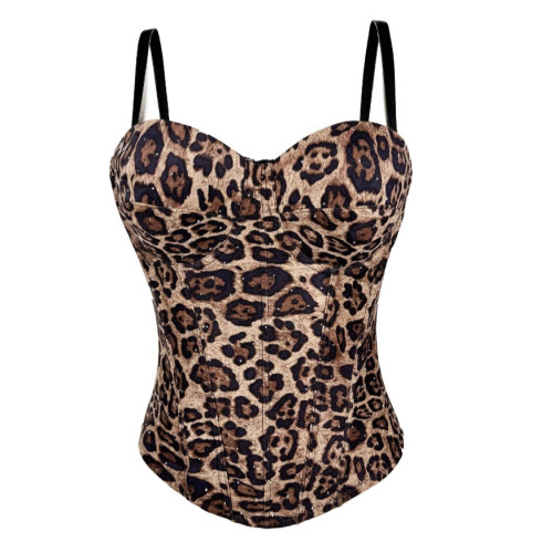 Leopard print suede short vest, camisole, fishbone shaping corset