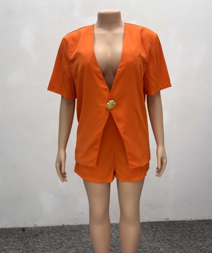 Solid color short sleeved suit high waisted shorts two-piece set