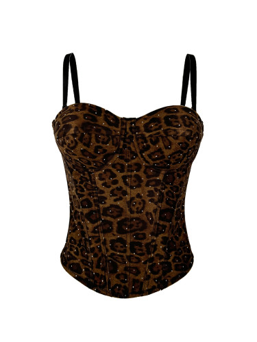 Leopard print suede short vest, camisole, fishbone shaping corset