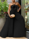 Hanging neck three-dimensional flower solid color wide leg jumpsuit pants