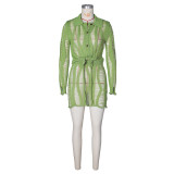 Knitted hollow long sleeved lapel knit short skirt set