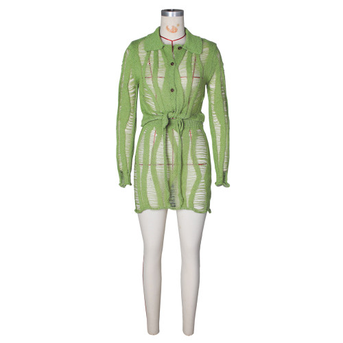 Knitted hollow long sleeved lapel knit short skirt set