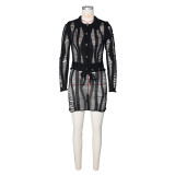 Knitted hollow long sleeved lapel knit short skirt set