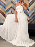Hanging neck three-dimensional flower solid color wide leg jumpsuit pants