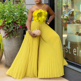 Hanging neck three-dimensional flower solid color wide leg jumpsuit pants