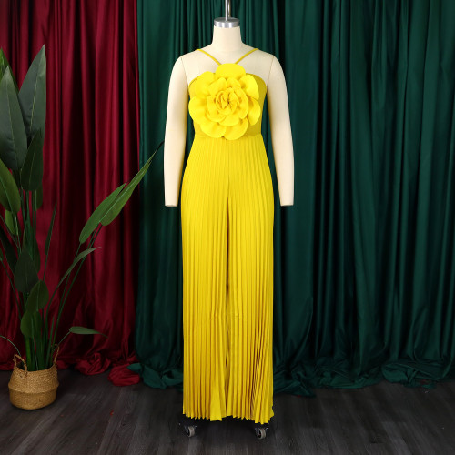 Hanging neck three-dimensional flower solid color wide leg jumpsuit pants