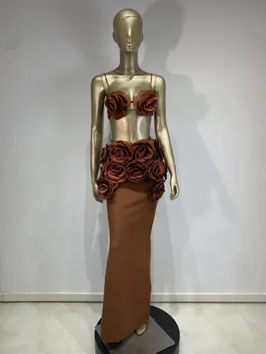 Bandage flower top half body long skirt two-piece set