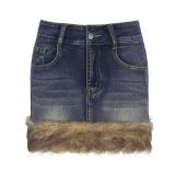 Hairy edge washed denim short skirt