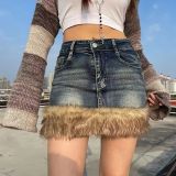 Hairy edge washed denim short skirt