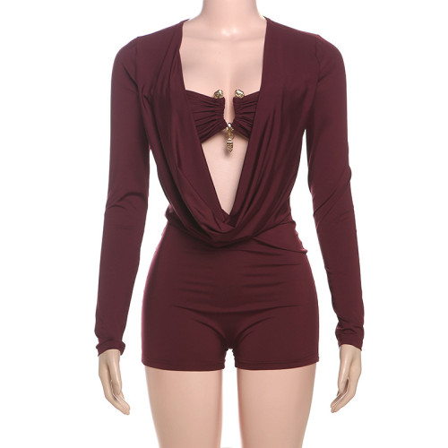 Deep V-low cut solid color jumpsuit