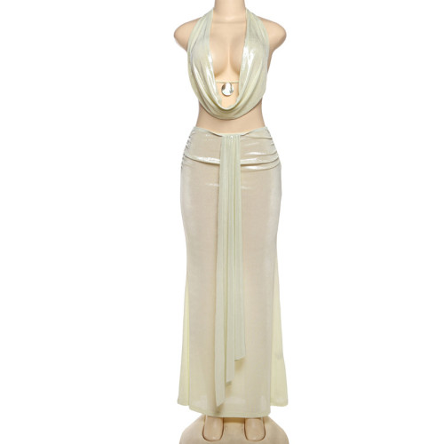 Backless hanging neck top, hip hugging skirt set