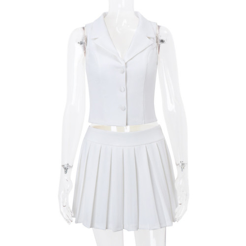 V-neck vest pleated skirt set