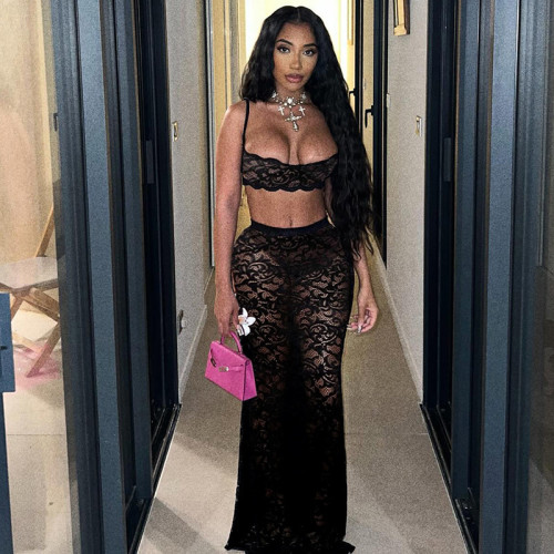 Hollow out camisole top high waisted skirt set
