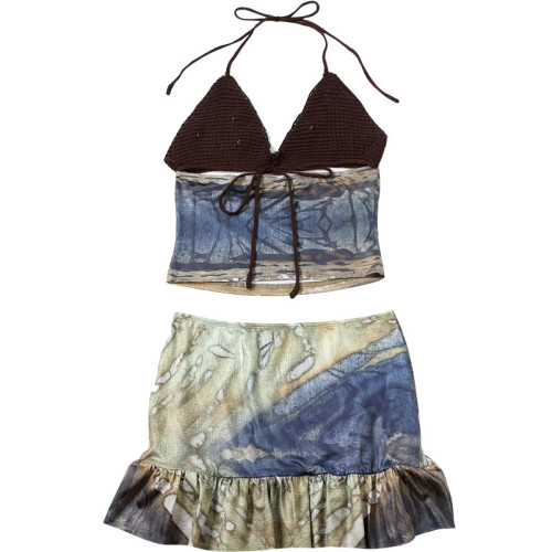 Backless small strapless high waisted printed skirt set