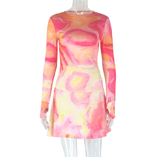 High neck skirt set with printed loose waist wrapped two-piece set