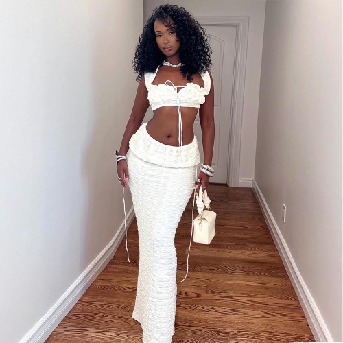 Hollow out square collar tied top and long skirt set