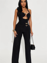 Solid color hollow metal strap backless jumpsuit