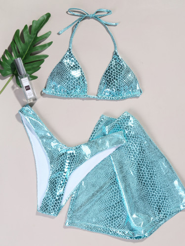 Hip hugging bikini neck hanging backless swimsuit three piece set