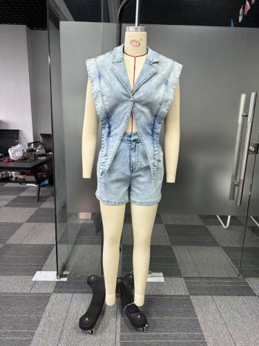 Washed loose denim jumpsuit shorts