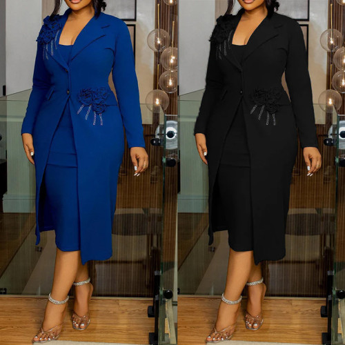 Pearl hot stamping diamond wrapped hip skirt suit jacket with inner strap two-piece set