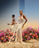 Strap mesh waist exposed pleated hip hugging fringe dress