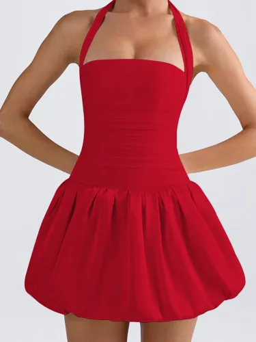 Wrinkled backless dress with lace up one neck princess dress