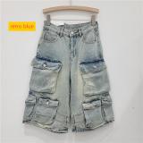 Multi pocket washed distressed workwear denim shorts
