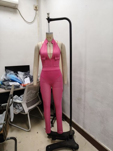 Deep V-neck sleeveless tight fitting vest pocket workwear pants two-piece set