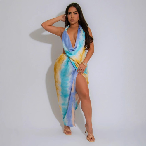 Deep V-neck bead hanging neck high slit dress