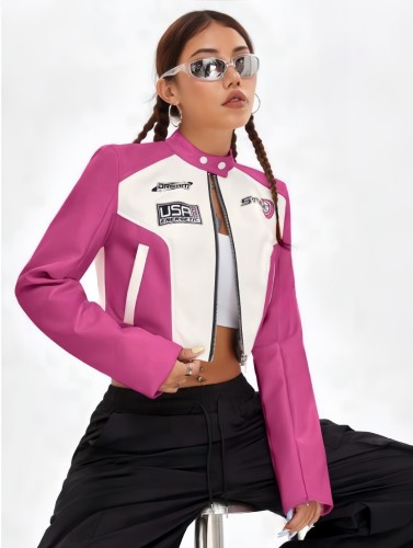 Stand up collar cardigan leather top with contrasting letters printed short jacket