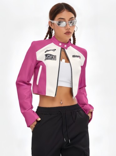 Stand up collar cardigan leather top with contrasting letters printed short jacket