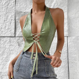 Low cut cardigan solid color hanging neck tie PU leather vest