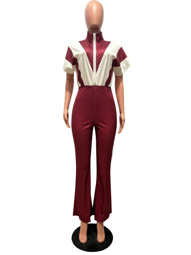 Short sleeved waist cinching patchwork contrasting jumpsuit
