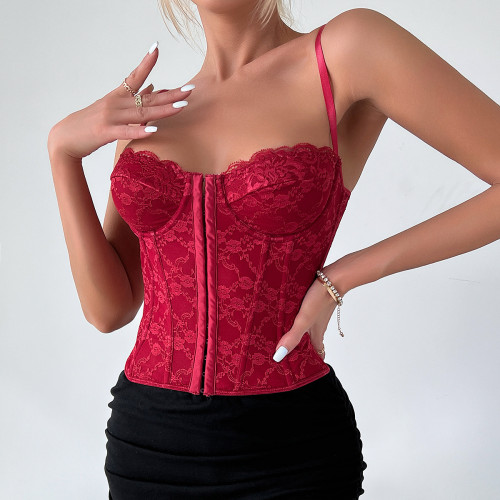 Lace camisole, fishbone, steel ring, chest wrapped, buckle, backless vest