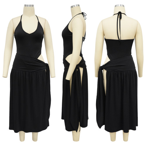 Lace up slit skirt set