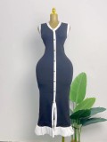 V-neck sleeveless single breasted knitted skirt