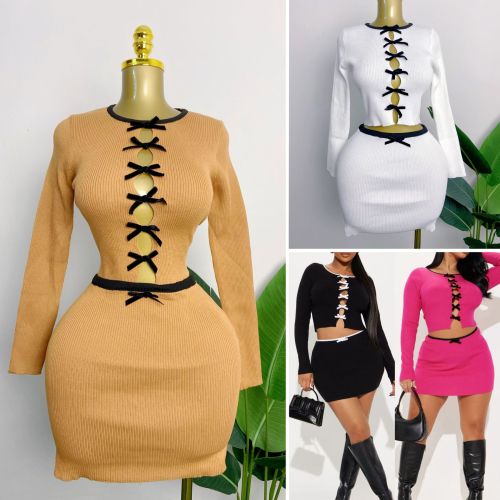 Bow Round Neck Long Sleeve Knitted Shirt High Waist Skirt Set