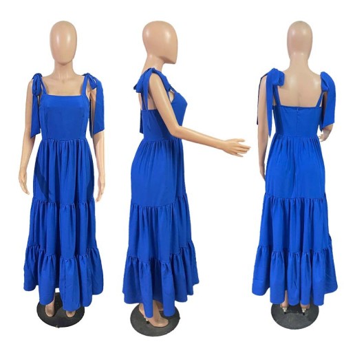 Bow tie tied long waist cinching suspender dress